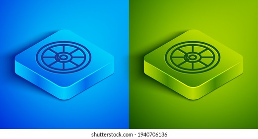 Línea isométrica Icono de escudo de madera redonda aislado sobre fondo azul y verde. Seguridad, seguridad, protección, privacidad, concepto de guardia. Botón cuadrado. Vector