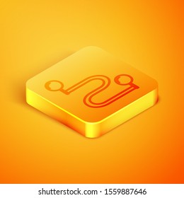 Isometric line Route location icon isolated on orange background. Map pointer sign. Concept of path or road. GPS navigator. Orange square button. Vector Illustration