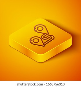 Isometric line Route location icon isolated on orange background. Map pointer sign. Concept of path or road. GPS navigator. Yellow square button. Vector Illustration