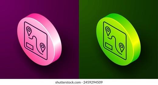 Isometric line Route location icon isolated on purple and green background. Train line path of train road route with start point GPS and dash line. Circle button. Vector