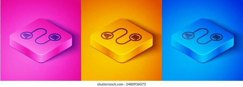 Isometric line Route location icon isolated on pink and orange, blue background. Map pointer sign. Concept of path or road. GPS navigator. Square button. Vector