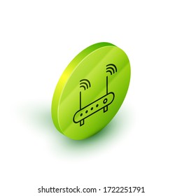 Isometric line Router and wi-fi signal symbol icon isolated on white background. Wireless ethernet modem router. Computer technology internet. Green circle button. Vector Illustration