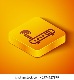 Isometric line Router and wi-fi signal icon isolated on orange background. Wireless ethernet modem router. Computer technology internet. Yellow square button. Vector Illustration
