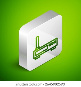 Linha isométrica Router e ícone de sinal wi-fi isolado no fundo verde. Roteador de modem ethernet sem fio. Internet de tecnologia de computador. Botão quadrado prateado. Vetor