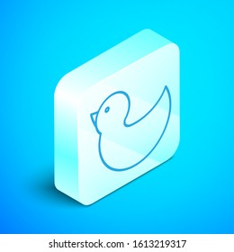 Isometric line Rubber duck icon isolated on blue background. Silver square button. Vector Illustration