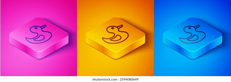 Isometric line Rubber duck icon isolated on pink and orange, blue background. Square button. Vector