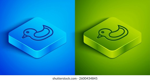 Isometric line Rubber duck icon isolated on blue and green background. Square button. Vector