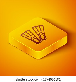 Isometric line Rubber flippers for swimming icon isolated on orange background. Diving equipment. Extreme sport. Sport equipment. Yellow square button. Vector Illustration