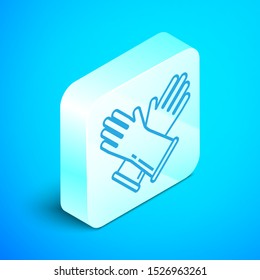 Isometric line Rubber gloves icon isolated on blue background. Latex hand protection sign. Housework cleaning equipment symbol. Silver square button. Vector Illustration