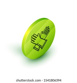 Isometric line Rubber gloves icon isolated on white background. Latex hand protection sign. Housework cleaning equipment symbol. Green circle button. Vector Illustration