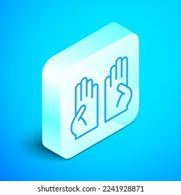Isometric line Rubber gloves icon isolated on blue background. Latex hand protection sign. Housework cleaning equipment symbol. Silver square button. Vector