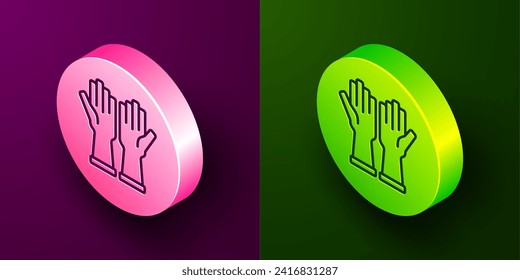 Isometric line Rubber gloves icon isolated on purple and green background. Latex hand protection sign. Housework cleaning equipment symbol. Circle button. Vector