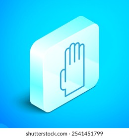Isometrische Linie Gummi-Handschuh-Symbol einzeln auf blauem Hintergrund. Latex-Handschutzschild. Symbol für Reinigungsgeräte für Hausarbeit. Silberner quadratischer Knopf. Vektorgrafik