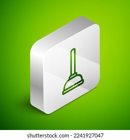 Isometric line Rubber plunger with wooden handle for pipe cleaning icon isolated on green background. Toilet plunger. Silver square button. Vector Illustration