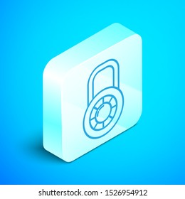 Isometric line Safe combination lock wheel icon isolated on blue background. Combination padlock. Security, safety, protection, password, privacy. Silver square button. Vector Illustration