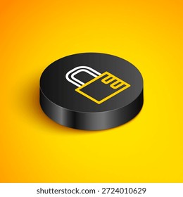 Linha isométrica Combinação segura ícone de cadeado isolado no fundo amarelo. Cadeado combinado. Segurança, proteção, senha, privacidade. Botão círculo preto. Vetor
