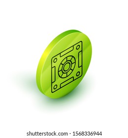 Isometric line Safe icon isolated on white background. The door safe a bank vault with a combination lock. Reliable Data Protection. Green circle button. Vector Illustration