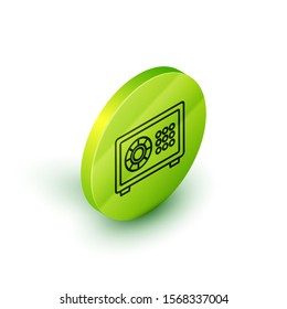 Isometric line Safe icon isolated on white background. The door safe a bank vault with a combination lock. Reliable Data Protection. Green circle button. Vector Illustration
