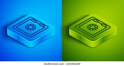 Isometrische Linie Safe Symbol einzeln auf blauem und grünem Hintergrund. Die Tür sichert eine Bank mit einem Kombinationsschloss. Zuverlässiger Datenschutz. Knopf Quadrat. Vektorgrafik