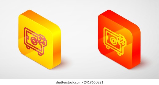 Isometric line Safe icon isolated on grey background. The door safe a bank vault with a combination lock. Reliable Data Protection. Yellow and orange square button. Vector