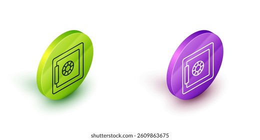 Isometric line Safe icon isolated on white background. The door safe a bank vault with a combination lock. Reliable Data Protection. Green and purple circle buttons. Vector