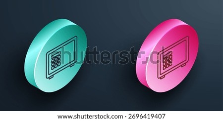 Isometric line Safe icon isolated on black background. The door safe a bank vault with a combination lock. Reliable Data Protection. Turquoise and pink circle button. Vector