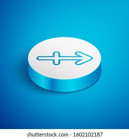 Isometric line Sagittarius zodiac sign icon isolated on blue background. Astrological horoscope collection. White circle button. Vector Illustration