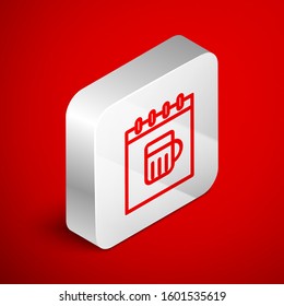 Isometric line Saint Patricks day with calendar icon isolated on red background. Four leaf clover symbol. Date 17 March. Silver square button. Vector Illustration