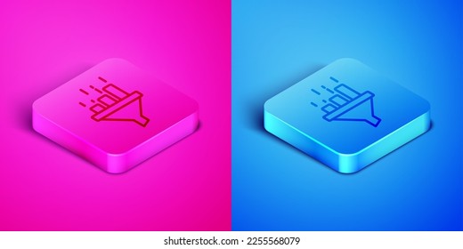 Isometric line Sales funnel with chart for marketing and startup business icon isolated on pink and blue background. Infographic template. Square button. Vector