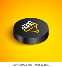 Isometric line Sales funnel with chart for marketing and startup business icon isolated on yellow background. Infographic template. Black circle button. Vector