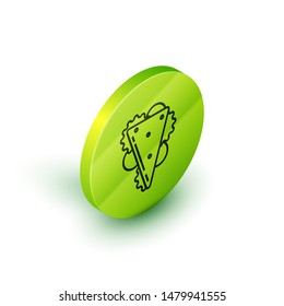 Isometric line Sandwich icon isolated on white background. Hamburger icon. Burger food symbol. Cheeseburger sign. Street fast food menu. Green circle button. Vector Illustration