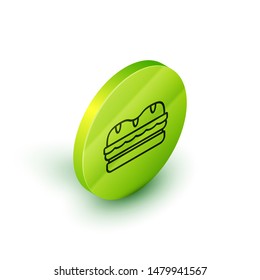 Isometric line Sandwich icon isolated on white background. Hamburger icon. Burger food symbol. Cheeseburger sign. Street fast food menu. Green circle button. Vector Illustration