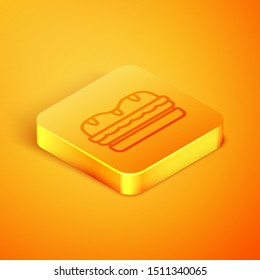 Isometric line Sandwich icon isolated on orange background. Hamburger icon. Burger food symbol. Cheeseburger sign. Street fast food menu. Orange square button. Vector Illustration