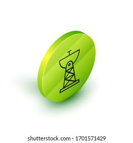 Isometric line Satellite dish icon isolated on white background. Radio antenna, astronomy and space research. Green circle button. Vector Illustration