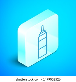 Isometric line Sauce bottle icon isolated on blue background. Ketchup, mustard and mayonnaise bottles with sauce for fast food. Silver square button. Vector Illustration