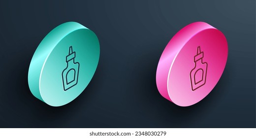 Isometric line Sauce bottle icon isolated on black background. Ketchup, mustard and mayonnaise bottles with sauce for fast food. Turquoise and pink circle button. Vector