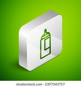Isometric line Sauce bottle icon isolated on green background. Ketchup, mustard and mayonnaise bottles with sauce for fast food. Silver square button. Vector