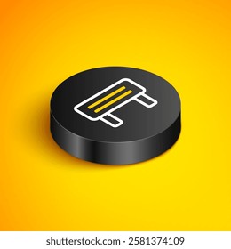 Isometric line Sauna wood bench icon isolated on yellow background. Black circle button. Vector