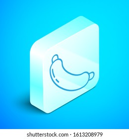 Isometric line Sausage icon isolated on blue background. Grilled sausage and aroma sign. Silver square button. Vector Illustration