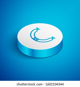 Isometric line Sausage with steam icon isolated on blue background. Grilled sausage and aroma sign. White circle button. Vector Illustration