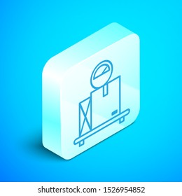 Isometric line Scale with cardboard box icon isolated on blue background. Logistic and delivery. Weight of delivery package on a scale. Silver square button. Vector Illustration