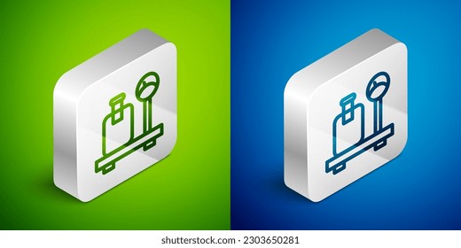 Isometric line Scale with suitcase icon isolated on green and blue background. Logistic and delivery. Weight of delivery package on a scale. Silver square button. Vector