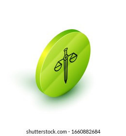 Isometric line Scales of justice icon isolated on white background. Court of law symbol. Balance scale sign. Green circle button. Vector Illustration
