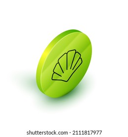Isometric line Scallop sea shell icon isolated on white background. Seashell sign. Green circle button. Vector
