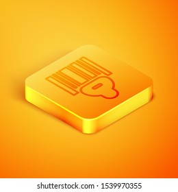 Isometric line Scanner scanning bar code icon isolated on orange background. Barcode label sticker. Identification for delivery with bars. Orange square button. Vector Illustration