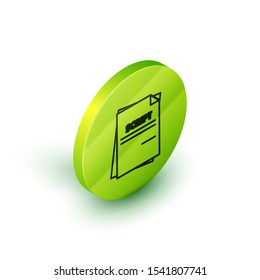 Isometric line Scenario icon isolated on white background. Script reading concept for art project, films, theaters. Green circle button. Vector Illustration