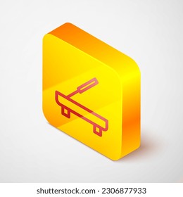 Isometric line Scented spa stick on a wooden stand icon isolated on grey background. Incense stick. Cosmetic procedure aromatherapy. Yellow square button. Vector