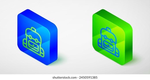Isometric line School backpack icon isolated grey background. Blue and green square button. Vector