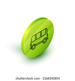 Isometric line School Bus icon isolated on white background. Green circle button. Vector Illustration