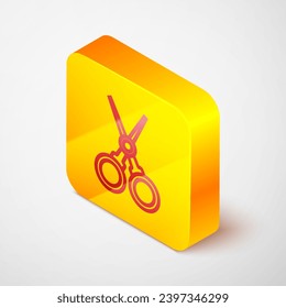 Isometric line Scissors hairdresser icon isolated on grey background. Hairdresser, fashion salon and barber sign. Barbershop symbol. Yellow square button. Vector Illustration